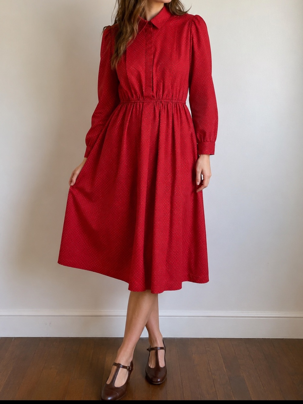VINTAGE 70’s Retro Polka Dot Midi Dress Red Pleated Granny Made in USA Size 12